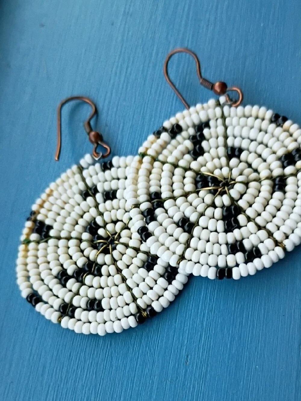 Handmade White & Black Beaded Round Drop Earrings